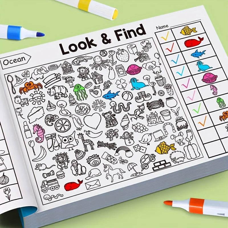 Interactive Hidden Object & Coloring Book for - Educational with Look & Find Activities, Sticker & Pages, Observation Skills & C