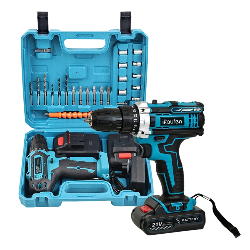 Cordless Drill: Multifunctional 21V rechargeable impact drill lithium battery cross-border flashlight gun drill electric screwdriver electric dr