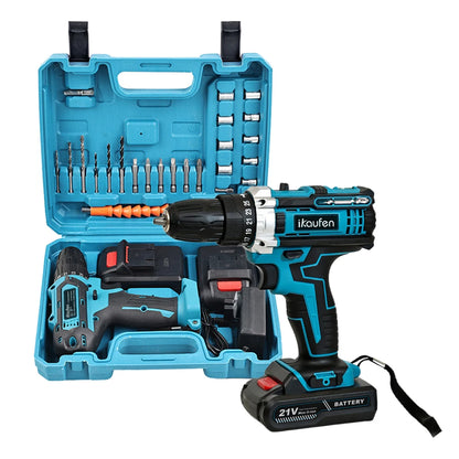 Cordless Drill: Multifunctional 21V rechargeable impact drill lithium battery cross-border flashlight gun drill electric screwdriver electric dr