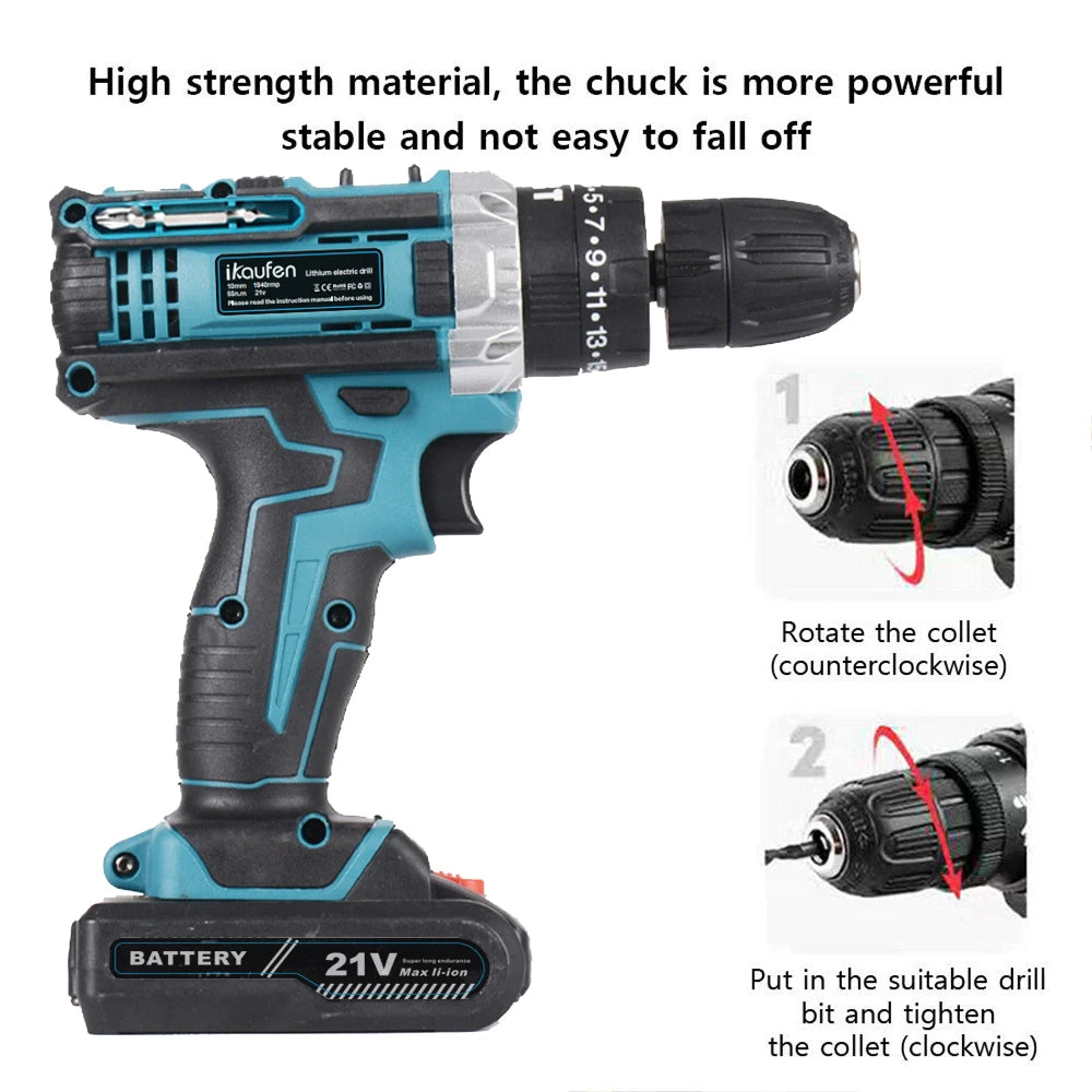 Cordless Drill: Multifunctional 21V rechargeable impact drill lithium battery cross-border flashlight gun drill electric screwdriver electric dr