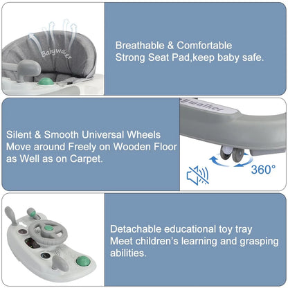 Foldable Activity Walker, Toddler Baby Push Walker with Removable Feeding Tray & Music Tray(Without Battery), 2 in 1 Baby Walker