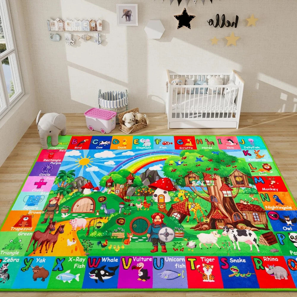 Baby Play Mat, Playpen Mat with Super Soft Touch, Activity Mats with Upgraded Anti-Slip Bottom, Machine Washable Crawling Mats for Floor & Picnic (Animal Alphabets)