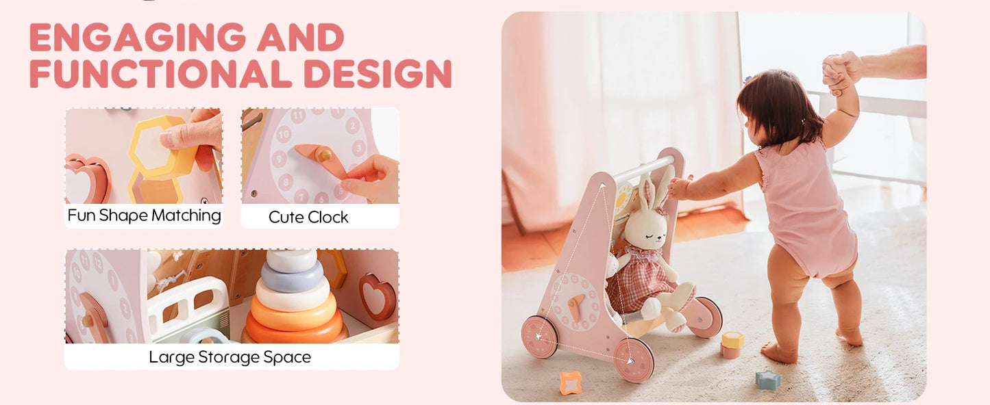 ROBOTIME ROBUD Wooden Baby Walker Baby Push Walker with Activity Center and Storage Montessori Walker Toy for Boys and Girls