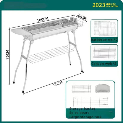 Outdoor Stainless Steel Charcoal Grill Large Size Barbecue Tool Portable Free Installation Handle Folding BBQ Cooking