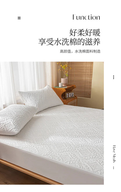 2025 new simple solid color washed cotton waterproof padded fitted sheet, No pillowcase, household mattress protective cover