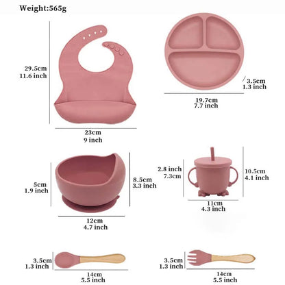 6pcs food grade silicone tableware set, bibs, bowls, plates, water cups, spoons, forks, baby utensils