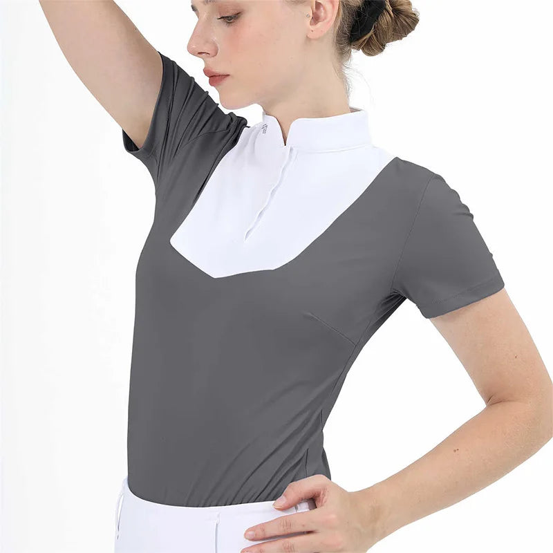M LOGO Equestrian t-Shirts Short Sleeve Tops Horse Riding Clothing Women Button Training Rider Blouse Competition Show Top