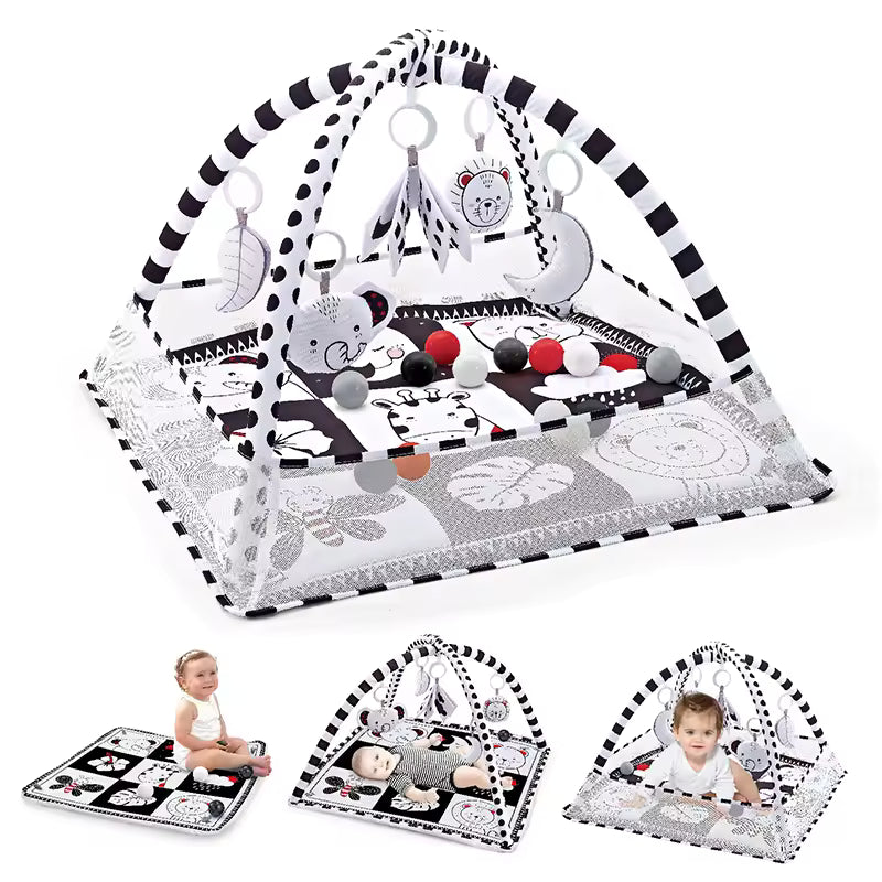 3-in-1 Plush Baby Play Gym, Activity Mat with Convertible Gym and Pillow, 5 Sensory Toys, Play Center from Newborn to Toddler