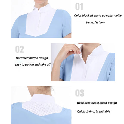 M LOGO Equestrian t-Shirts Short Sleeve Tops Horse Riding Clothing Women Button Training Rider Blouse Competition Show Top