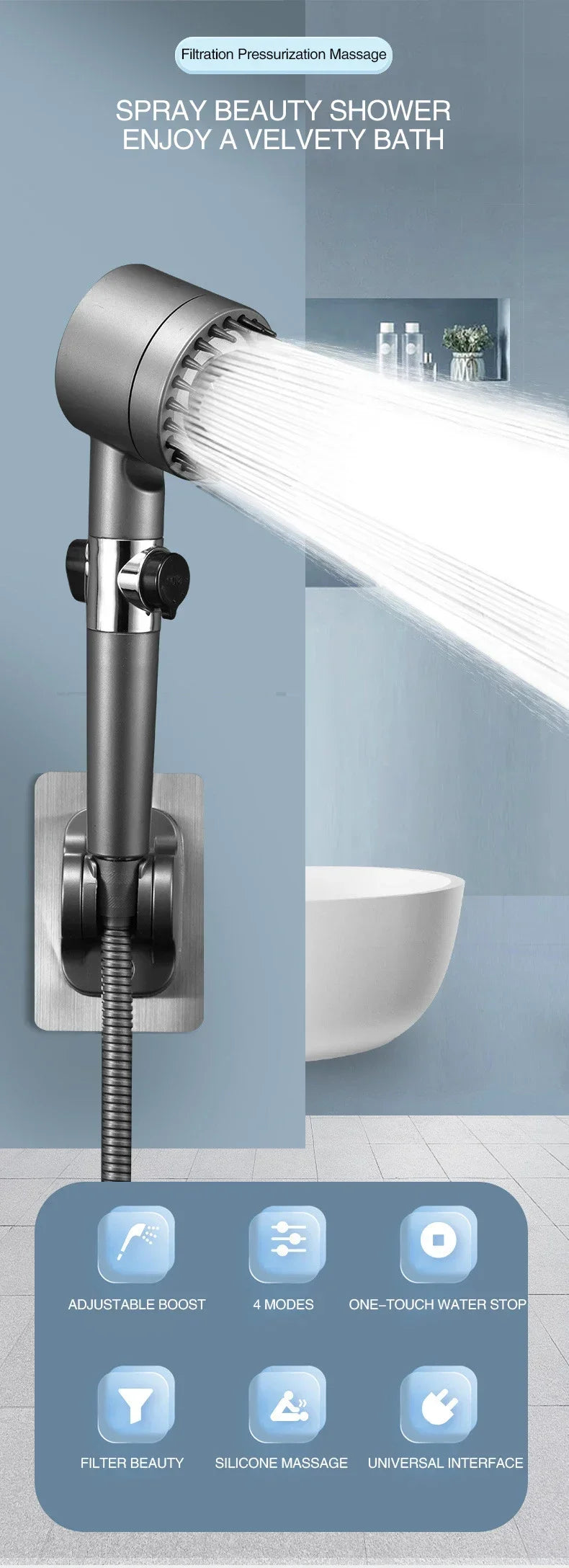 Filtered Shower Head with Handheld, High Pressurized Filter Shower Head 3-mode Adjustable Spray with Massage Brush Rain Faucet Bathroom Accessories