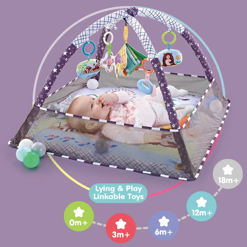 Baby Gym Play Mat, 8-in-1 Tummy Time Mat & Ball Pit with 6 Toys, Washable Baby Activity Mat for Visual, Hearing, Sensory, Motor Development, Babies Gift for Newborn Infant 0-3-6-9-12 Months