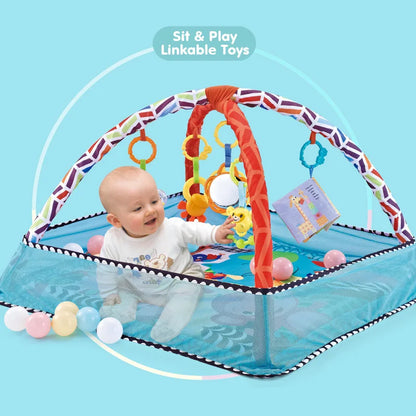 Baby Gym Play Mat, 8-in-1 Tummy Time Mat & Ball Pit with 6 Toys, Washable Baby Activity Mat for Visual, Hearing, Sensory, Motor Development, Babies Gift for Newborn Infant 0-3-6-9-12 Months