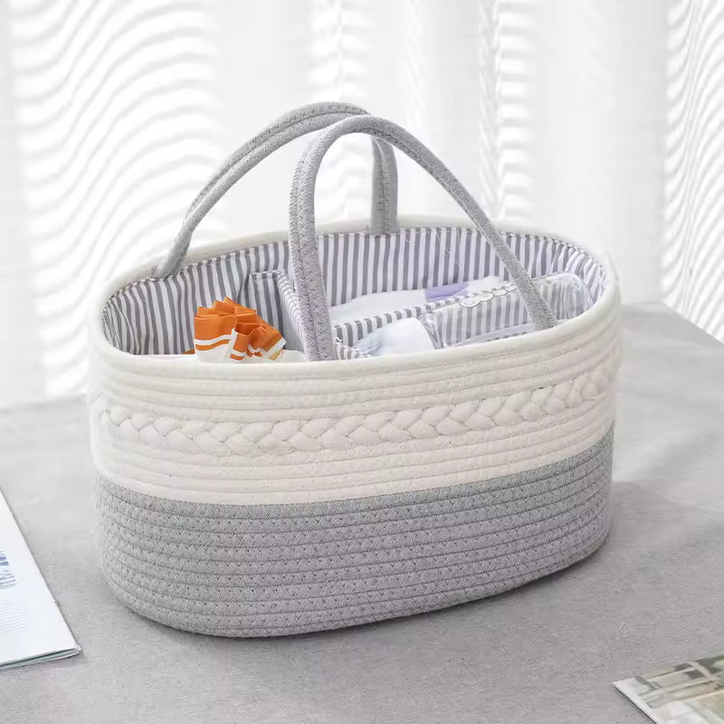 Baby Changing Basket Includes Diaper Caddy - Soft & Waterproof Dual-Cover, Portable, Changing Pad for Dresser & Changing Table, Gift for Baby Shower, Organic Cotton Rope