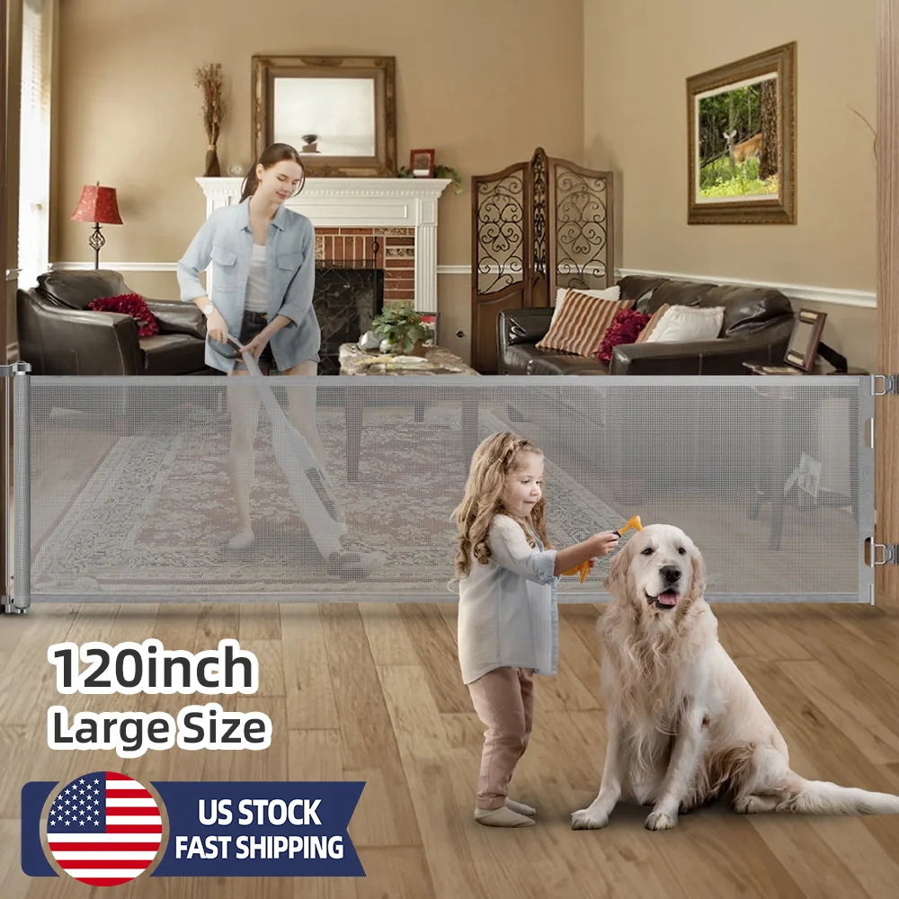 120inch Extra Wide Baby Safe Doorways Retractable Baby Gate Baby Safety Gate For Stairs Doorway Indoor Metal Dog Gate Balck Grey