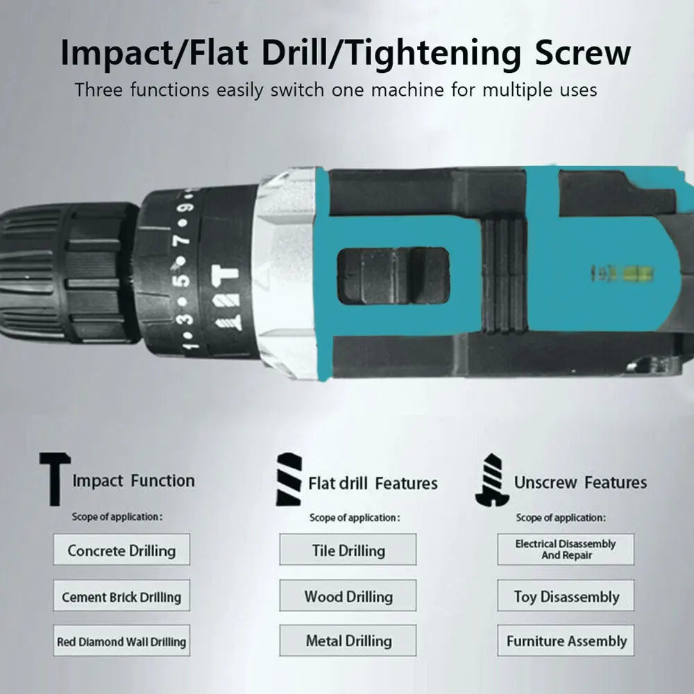 Cordless Drill: Multifunctional 21V rechargeable impact drill lithium battery cross-border flashlight gun drill electric screwdriver electric dr
