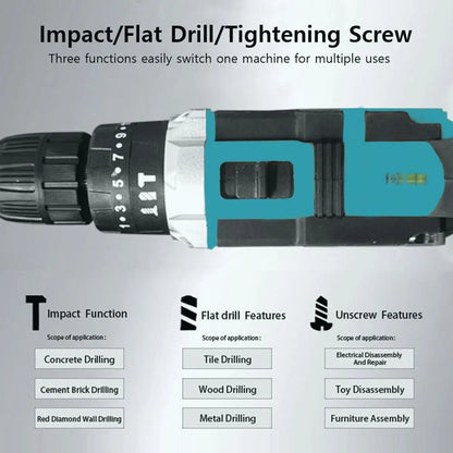 Cordless Drill: Multifunctional 21V rechargeable impact drill lithium battery cross-border flashlight gun drill electric screwdriver electric dr
