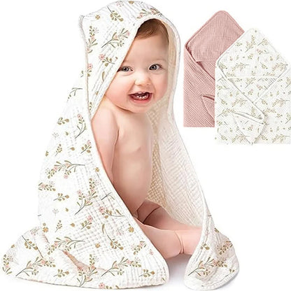 Baby Muslin Hooded Bath Towels and Washcloths Muslin Cotton Hooded Baby Towels Absorbent Blankets for Gift Newborn Infant Shower