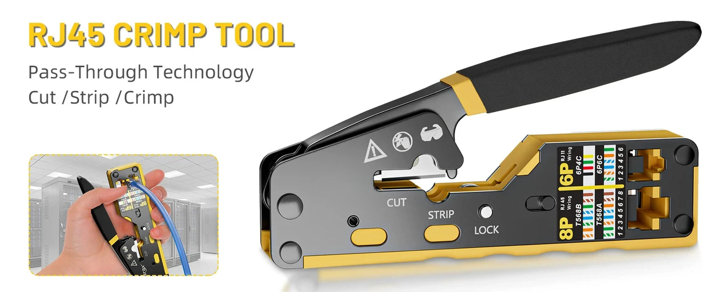 RJ45 Crimp Tool Kit All-in-One Ethernet Crimper Cat7 Cat6 Cat5 Crimping Tool with Network Cable Tester, 50-Pack Cat6 RJ45 Pass Through Connector, 50-Pack Connector Boots