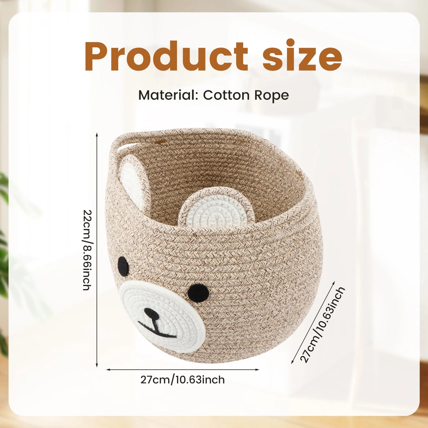 Storage Basket for Nursery – Large 29cmx29cm Cotton Rope Bin with Soft Felt Animal Patch – Toy Organizer, Baby Laundry Hamper, Diaper & Towel Holder – Foldable, Washable & Baby-Safe