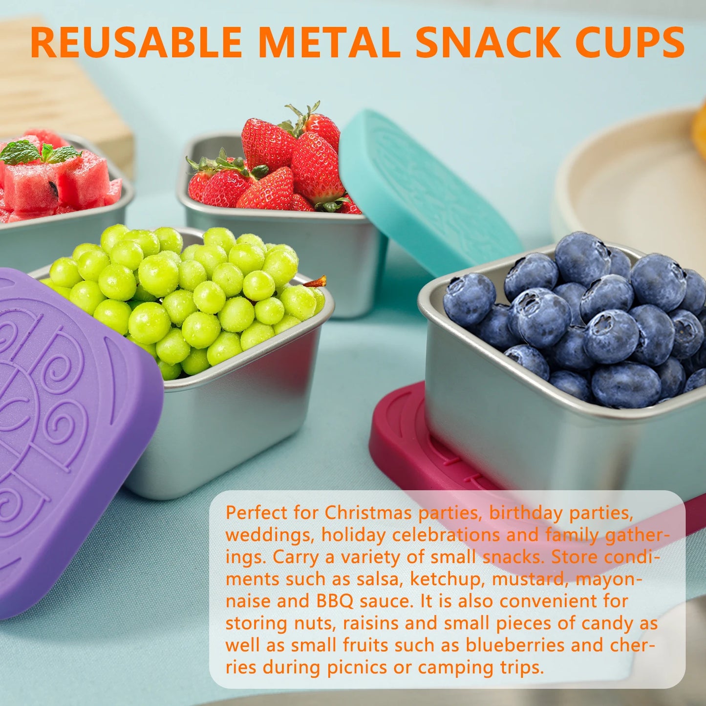 4Pcs 2/6oz Stainless Steel Snack Container Sauce Container with Silicone Lids Leakproof Portable Stackable Dressing Food Storage