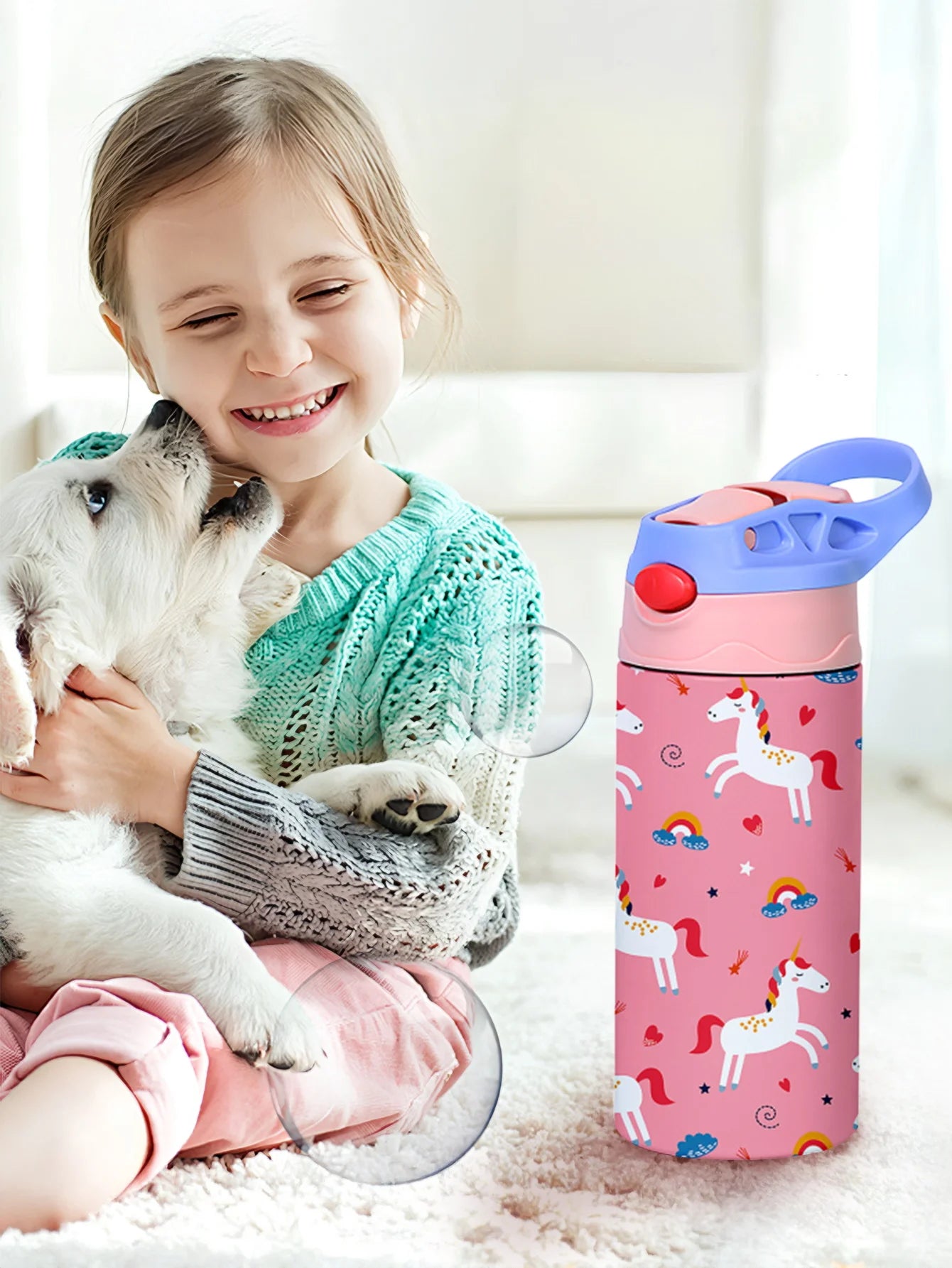 Kids Insulated Water Bottle with Straw Lid & Handle Stainless Steel Metal Tumbler Leak Proof Double Wall Vacuum Kids Cup Toddler Water Bottle for School Boys Girls
