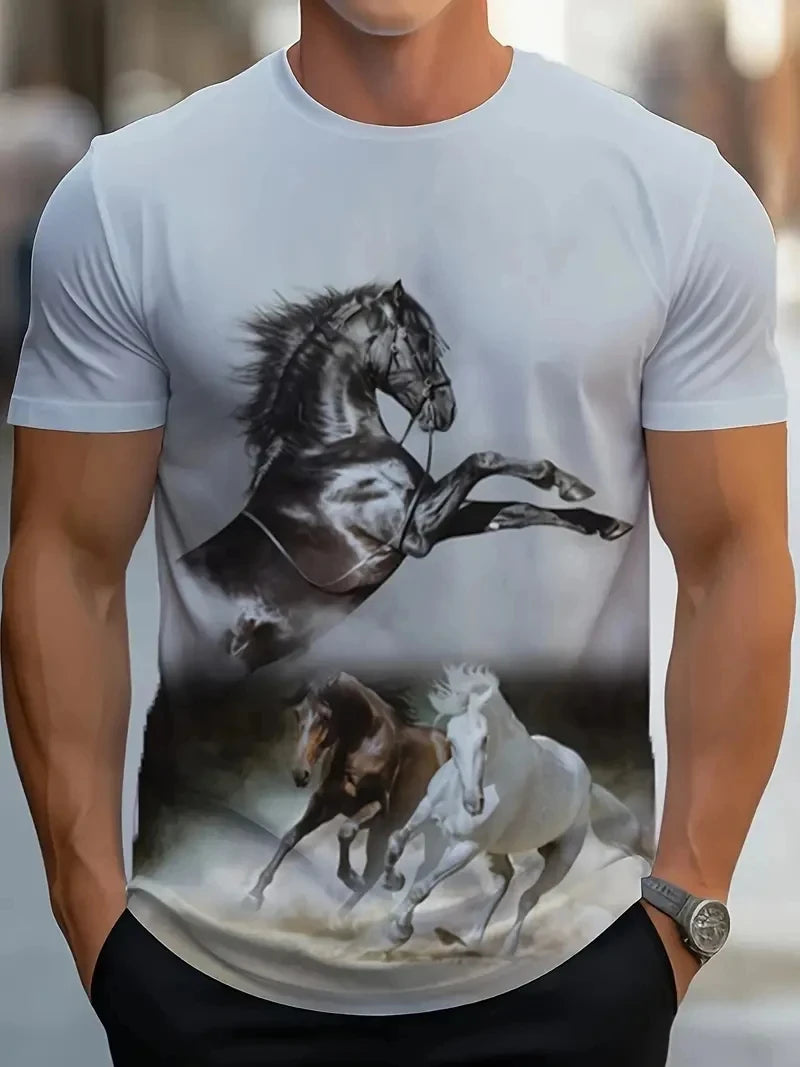 Black White Horse Graphic 3d Full Print T-shirt For Men Fashion Short Sleeve Crew Neck Tshirt Casual Summer Oversized Unisex Top
