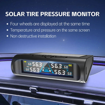 T121 USB/Solar TPMS Car Tyre Monitor with 4 External Temperature Sensors Digital LCD Display 0-6.8Bar Tire Pressure Gauge