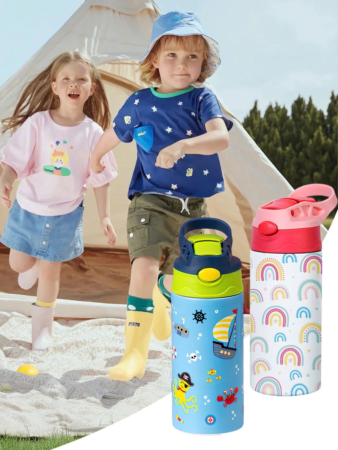 Kids Insulated Water Bottle with Straw Lid & Handle Stainless Steel Metal Tumbler Leak Proof Double Wall Vacuum Kids Cup Toddler Water Bottle for School Boys Girls