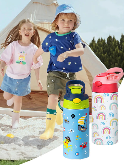 Kids Insulated Water Bottle with Straw Lid & Handle Stainless Steel Metal Tumbler Leak Proof Double Wall Vacuum Kids Cup Toddler Water Bottle for School Boys Girls