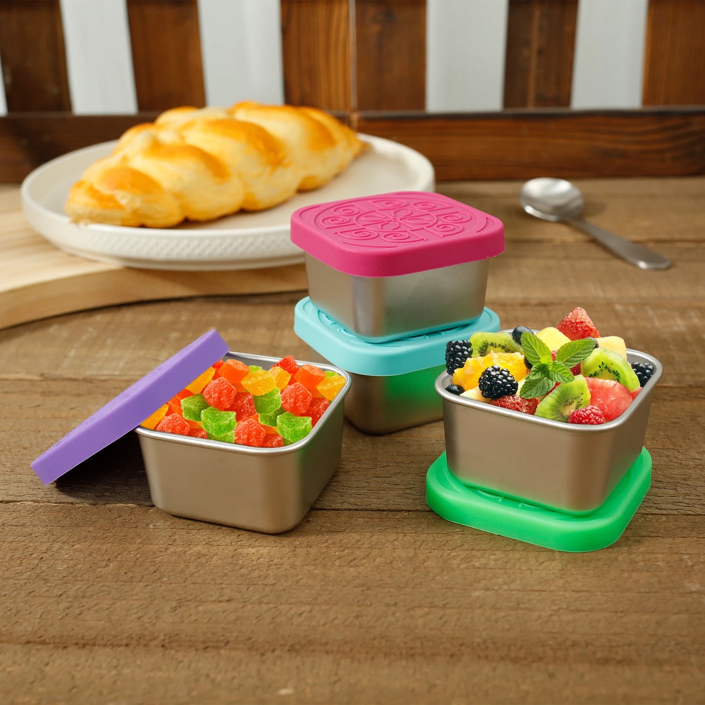 4Pcs 2/6oz Stainless Steel Snack Container Sauce Container with Silicone Lids Leakproof Portable Stackable Dressing Food Storage