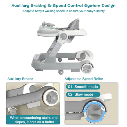 Foldable Baby Activity Walker, Push Walker with Removable Feeding Tray and Music Tray(without batteries) for 6 Months & Up Baby