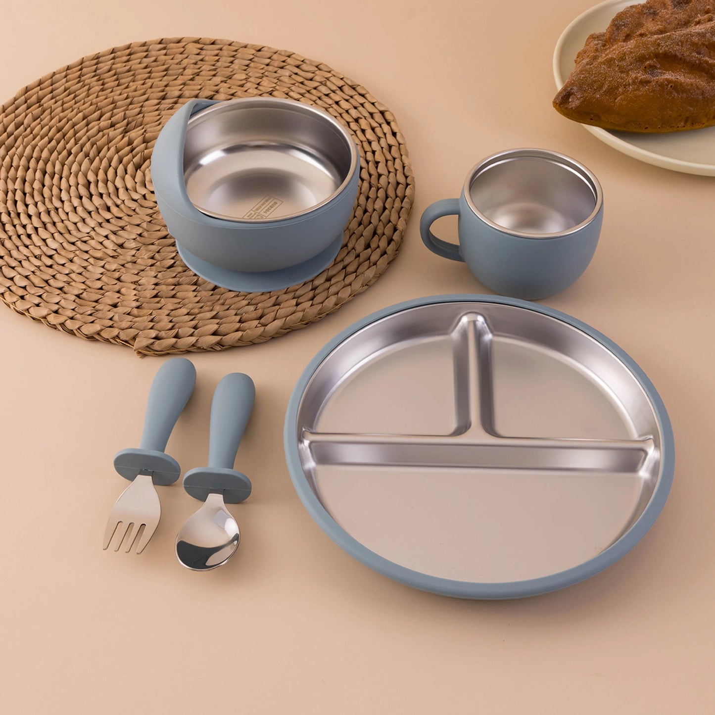 5PCS Baby Feeding Set | Stainless Steel Suction Plates and Bowls with Silicone Fork and Spoon Utensils | Baby Led Weaning Tableware for Toddlers & Kids
