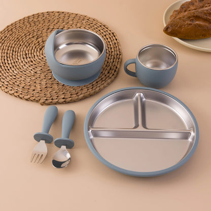 5PCS Baby Feeding Set | Stainless Steel Suction Plates and Bowls with Silicone Fork and Spoon Utensils | Baby Led Weaning Tableware for Toddlers & Kids