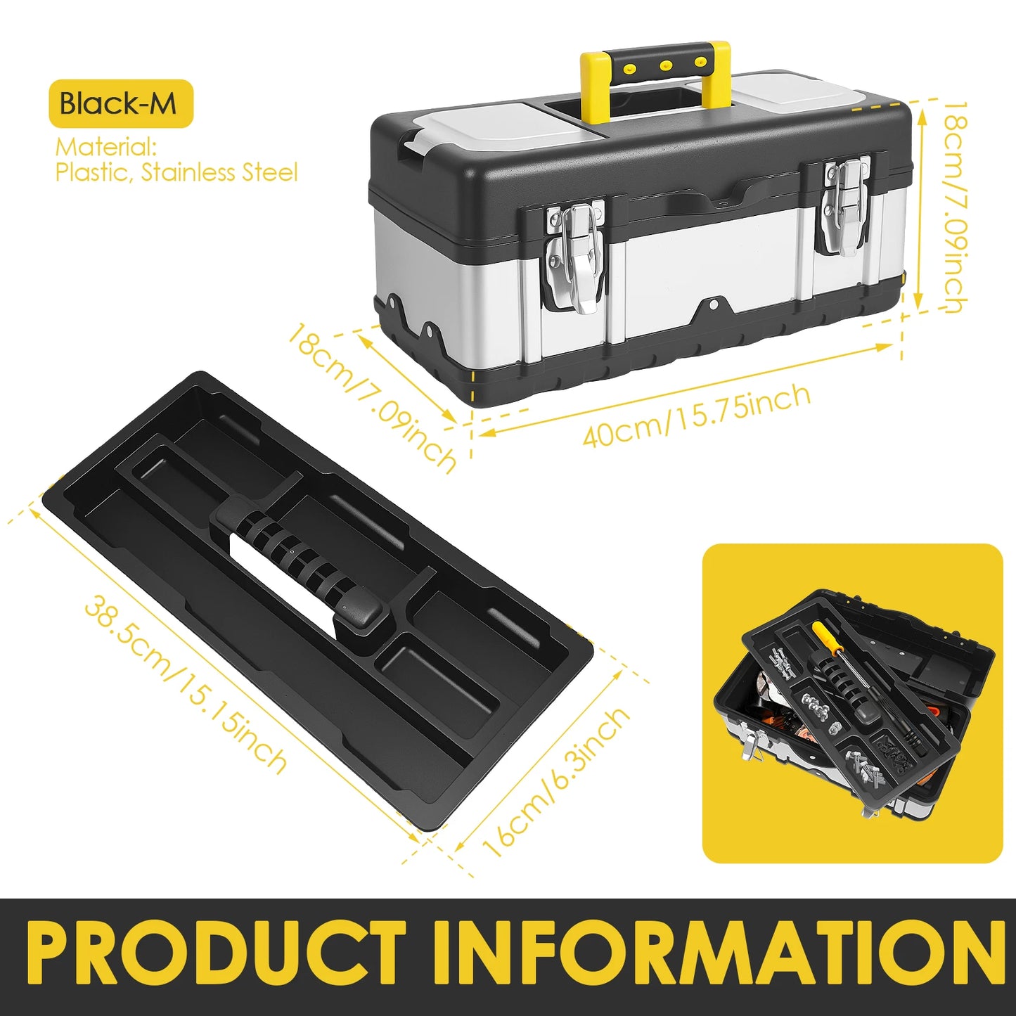 Tool Box, Deep, Long Handle, Extra Large Design, Fixed Divider for Tool Organization, Water and Debris Resistant
