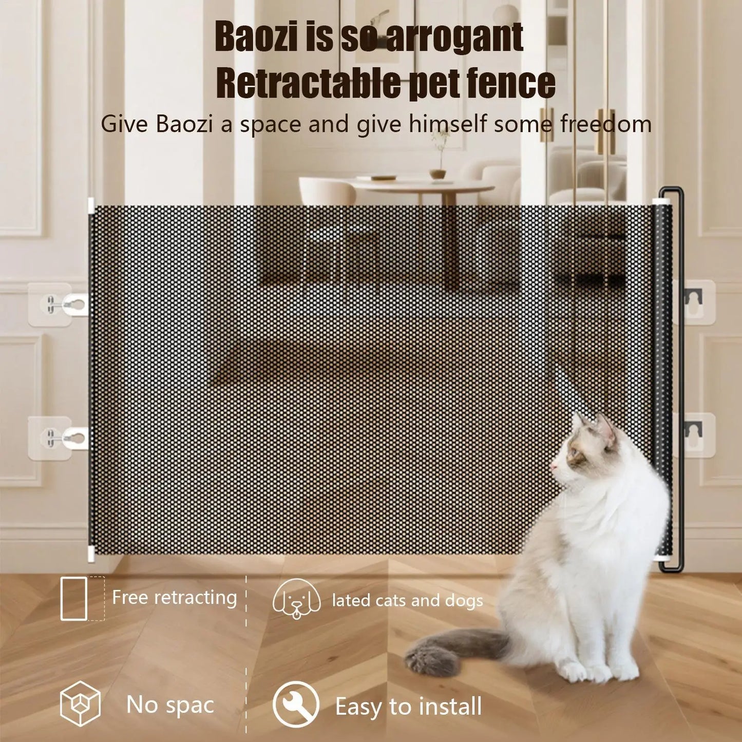 Tall Retractable Dog Gate Mesh Baby Fence Gate, Long Baby Gates Indoor Extra Long Gates for Kids or Pets, Outdoor Retractable Gate with Support Rods - Prevent Crawling Under