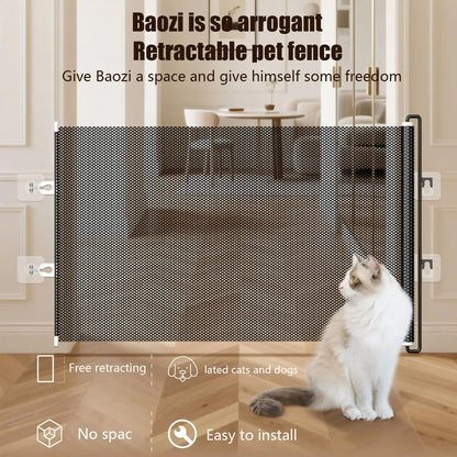 Tall Retractable Dog Gate Mesh Baby Fence Gate, Long Baby Gates Indoor Extra Long Gates for Kids or Pets, Outdoor Retractable Gate with Support Rods - Prevent Crawling Under