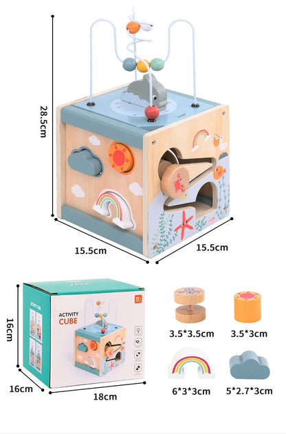 Wooden Activity Cube for Toddlers 5in1 Animal Shape Sorter Bead Maze Montessori Educational Toys Baby 6-12 Months Learning Toys