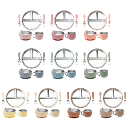 5PCS Baby Feeding Set | Stainless Steel Suction Plates and Bowls with Silicone Fork and Spoon Utensils | Baby Led Weaning Tableware for Toddlers & Kids