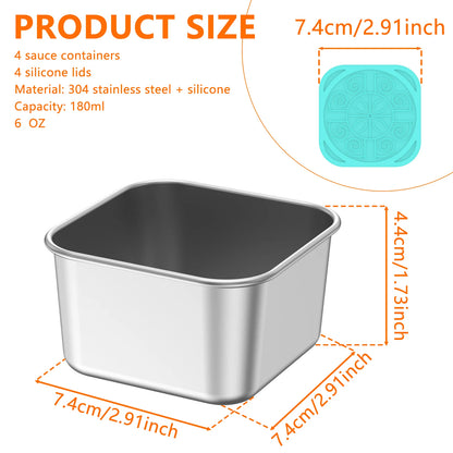 4Pcs 2/6oz Stainless Steel Snack Container Sauce Container with Silicone Lids Leakproof Portable Stackable Dressing Food Storage