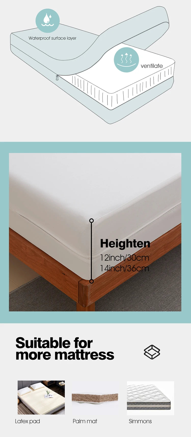 Waterproof Mattress Protector with Zipper Soft & Breathable & Noiseless Antibacterial, Anti-mite Mattress Cover , Queen/King