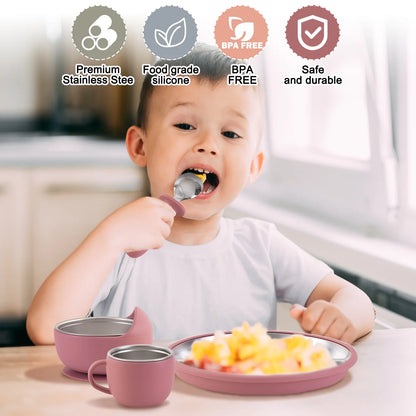 5PCS Baby Feeding Set | Stainless Steel Suction Plates and Bowls with Silicone Fork and Spoon Utensils | Baby Led Weaning Tableware for Toddlers & Kids