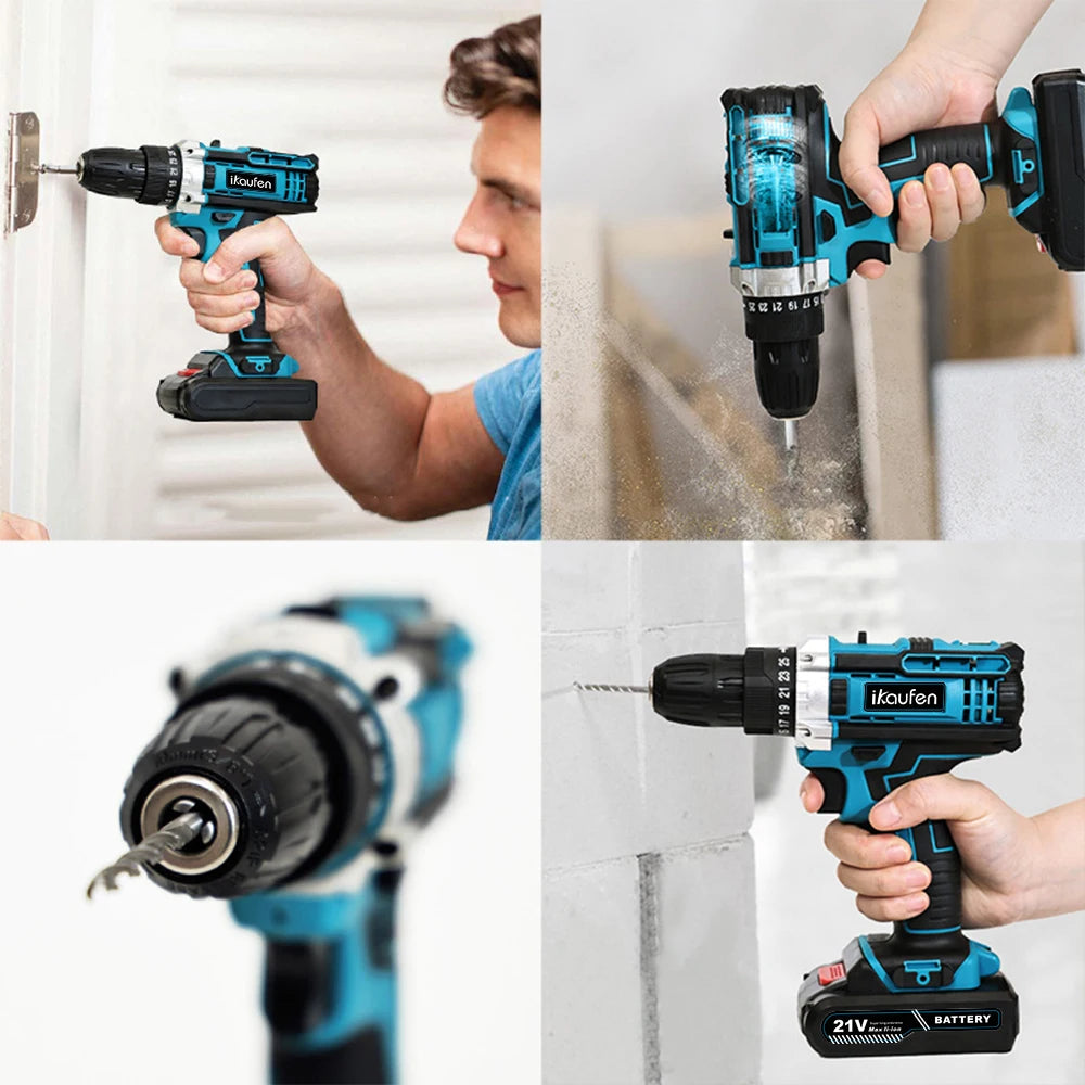 Cordless Drill: Multifunctional 21V rechargeable impact drill lithium battery cross-border flashlight gun drill electric screwdriver electric dr