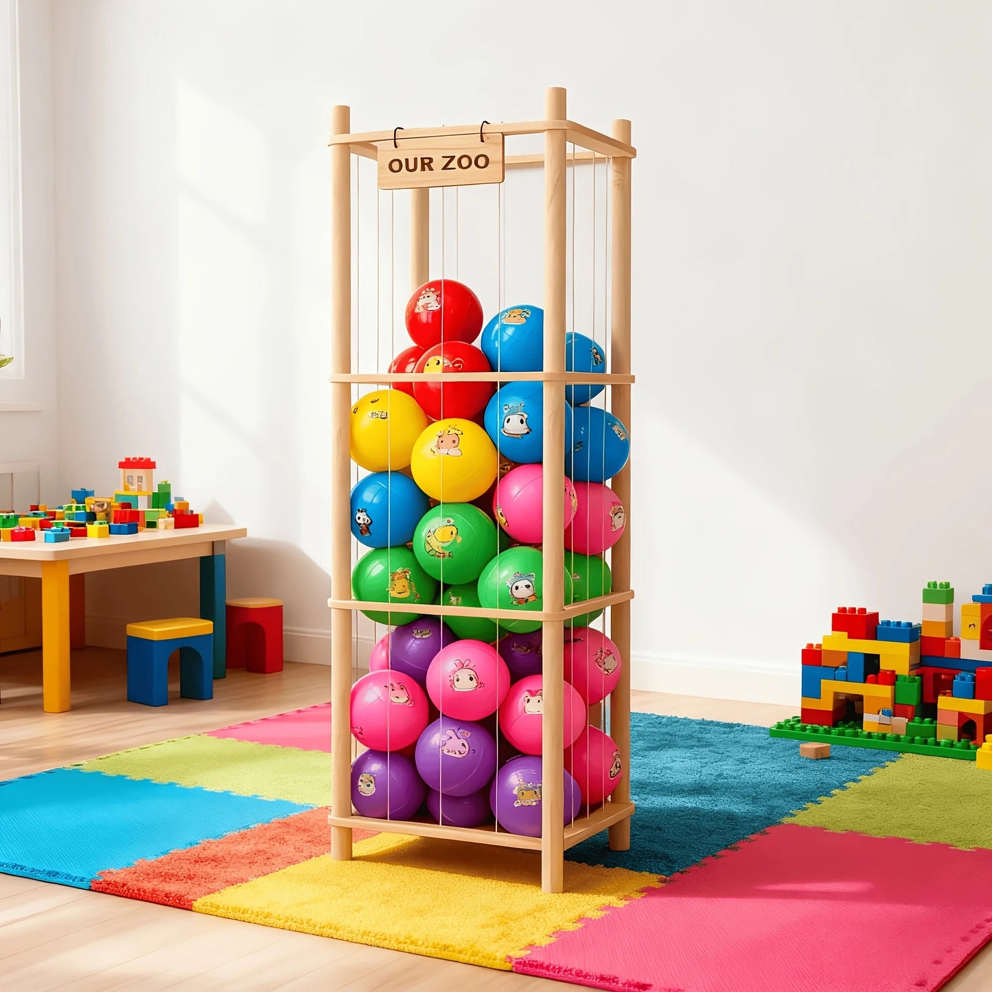 Stuffed Animal Storage Zoo, Wooden Stuffed Animal Organizer with Elastic Cords for Boys Girls, Space Saving Toy Plushies Storage Holder for Playroom, Bedroom, Living Room