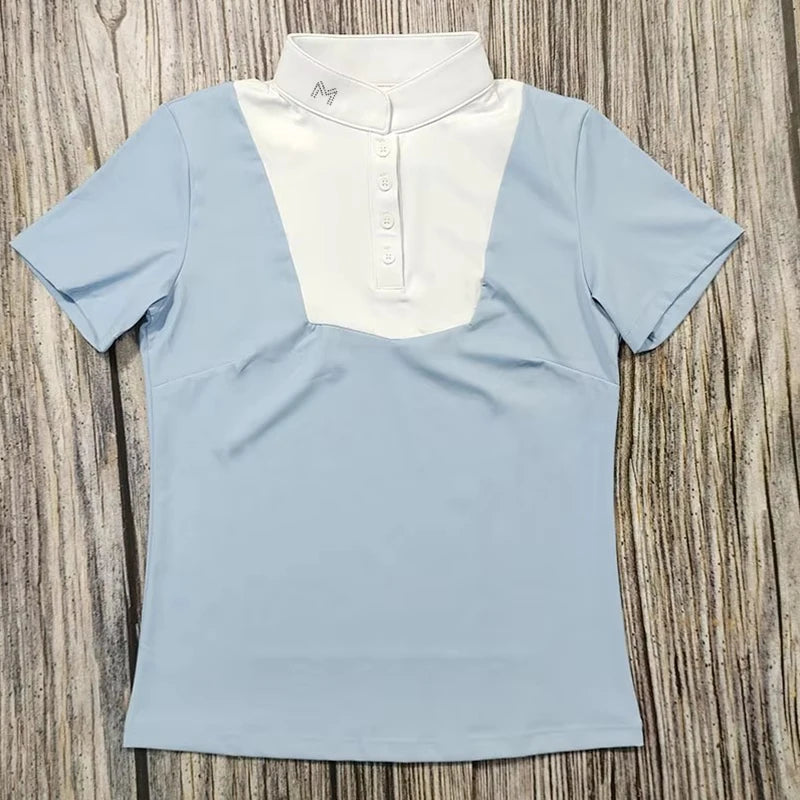 M LOGO Equestrian t-Shirts Short Sleeve Tops Horse Riding Clothing Women Button Training Rider Blouse Competition Show Top