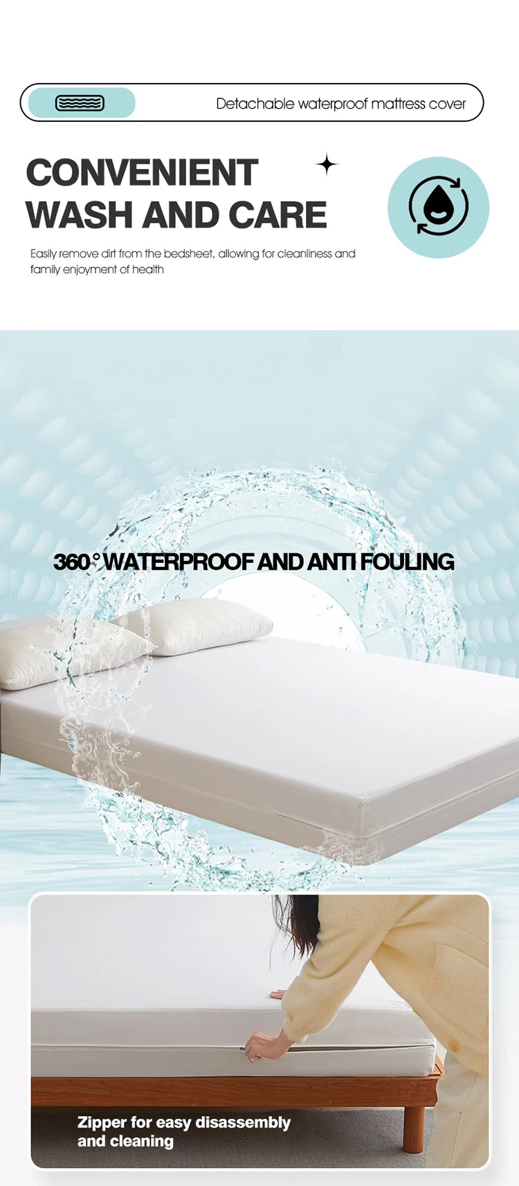 Waterproof Mattress Protector with Zipper Soft & Breathable & Noiseless Antibacterial, Anti-mite Mattress Cover , Queen/King