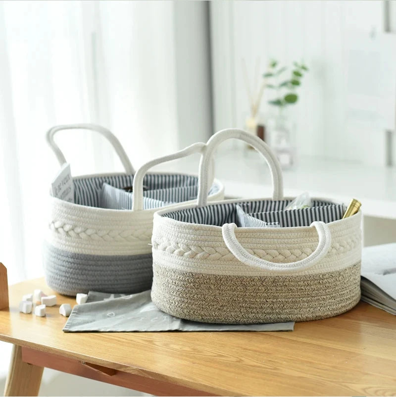 Baby Changing Basket Includes Diaper Caddy - Soft & Waterproof Dual-Cover, Portable, Changing Pad for Dresser & Changing Table, Gift for Baby Shower, Organic Cotton Rope