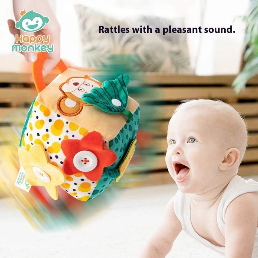 Soft Baby Activity Cube Montessori Toy Interactive Sensory Development Block with Crinkle Sound Textured Tab Early Learning Play