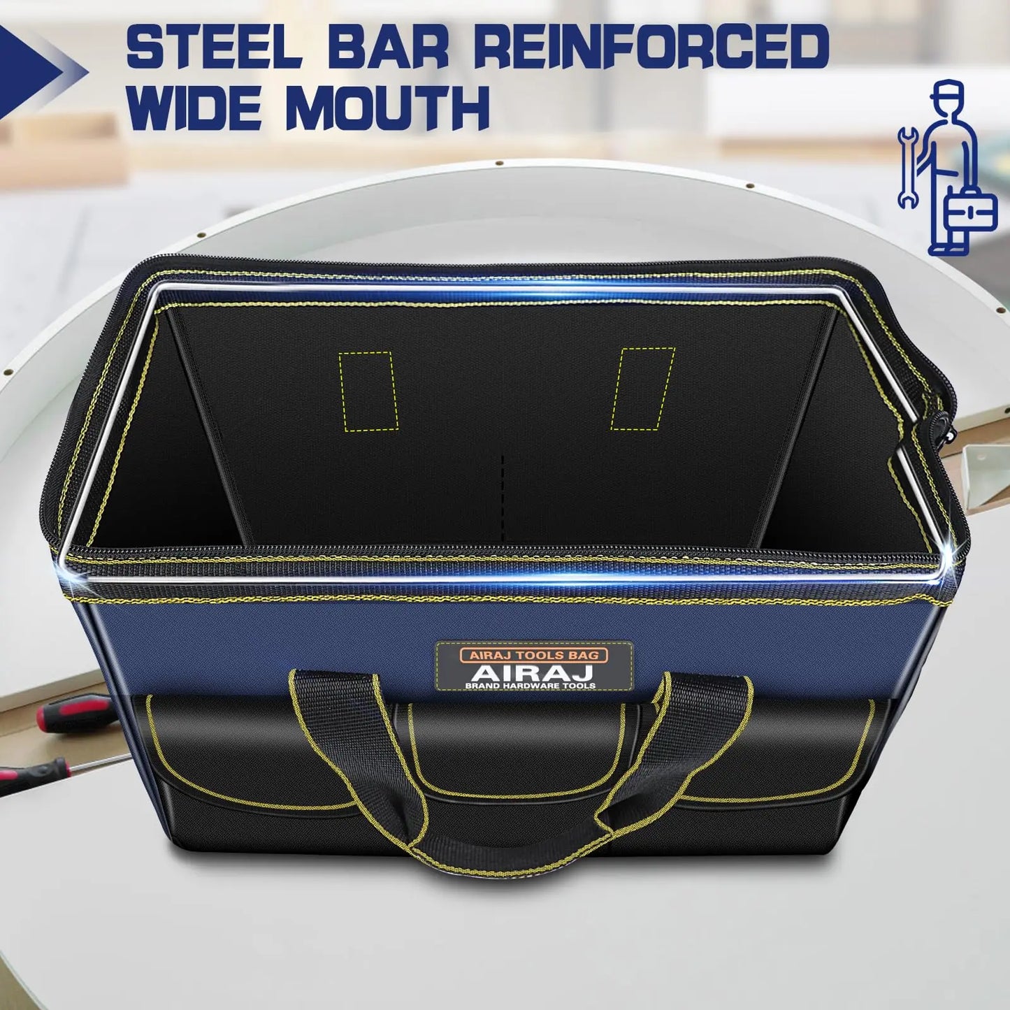 Tool Bag for Men with Waterproof Hard Bottom, Heavy Duty Tool Bag Wide Mouth Tote for Various Instrument, Electrician Carpenter Mechanic