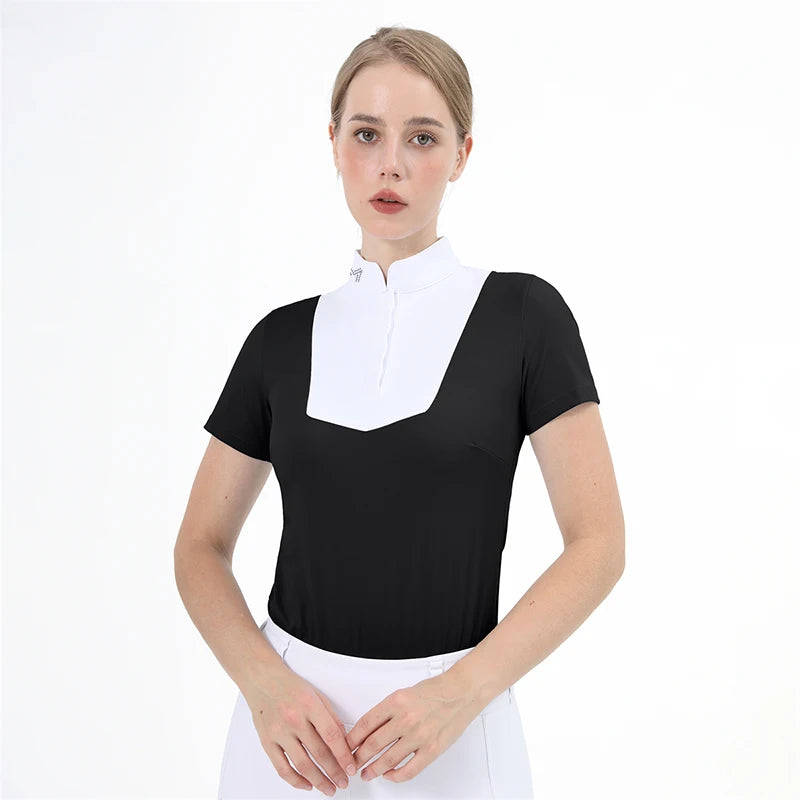 M LOGO Equestrian t-Shirts Short Sleeve Tops Horse Riding Clothing Women Button Training Rider Blouse Competition Show Top
