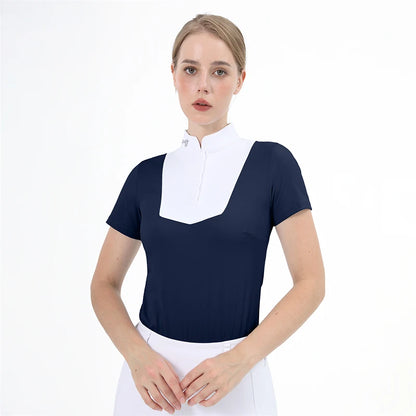 M LOGO Equestrian t-Shirts Short Sleeve Tops Horse Riding Clothing Women Button Training Rider Blouse Competition Show Top